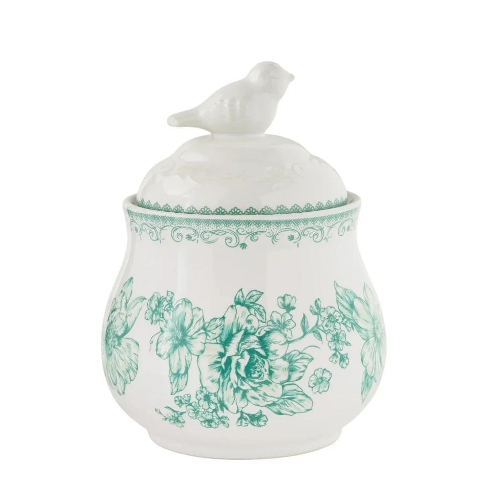 💜 New Pioneer Woman Agatha Green and White Serveware Sugar Bowl With Lid